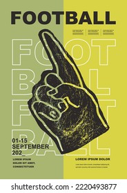 Template Sport Layout Design, soccer football. Football league tournament poster vector illustration. Ball with fan hand attribute football pitch background.