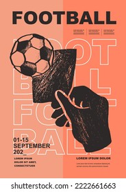 Template Sport Layout Design, soccer football. Football league tournament poster vector illustration. Card, red, soccer, ball pitch background.