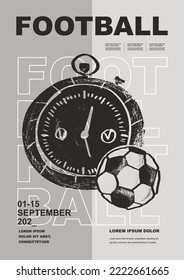 Template Sport Layout Design, soccer football. Football league tournament poster vector illustration. Timer, soccer, stopwatch, time, football pitch background.