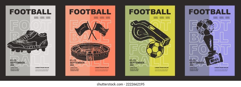 Template Sport Layout Design, soccer football. Football league tournament poster vector illustration. Cup, whistle, stadium, vector, boots, soccer football pitch background.