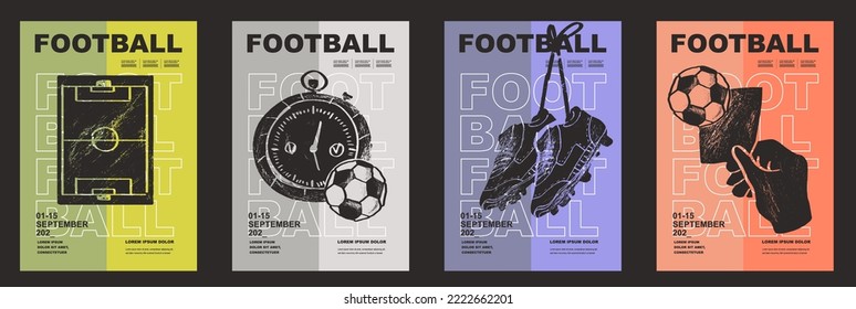 Plantilla Diseño de diseño deportivo, fútbol. Ilustración vectorial del torneo de la liga de fútbol. Torneo, fútbol, mundo, botas, temporizador, fondo de campo de fútbol.