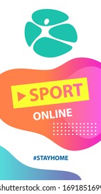 Template Sport Online logo. Sport club. Fitness online course design banner, poster. Hashtag stayhome. Stay training home. Abstract white silhouette man.