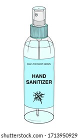 Template spray sanitizer hands. Personal hygiene product prevention. Antiseptic dispenser disinfectant protects from coronavirus bacteria. Color vector isolated flat doodle realistic white background.