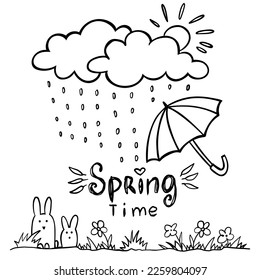 Template for spring card - rain, sun, clouds, umbrella, flower, rabbit isolated on white background. Vector illustration. Perfect for coloring book, greeting card, print, invitation.