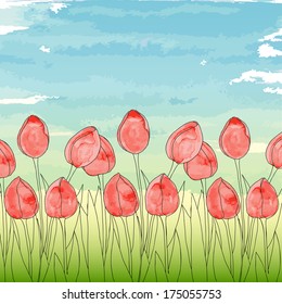 Template with spring flowers on a blue sky background. Red tulips with watercolor texture.