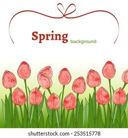 Template with spring flowers with watercolor texture. Spring background with red tulips. Spring sale. Poster with spring flowers. Vector floral illustration. Spring season.