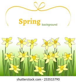 Template with spring flowers with watercolor texture. Spring background with yellow narcissus. Spring sale. Poster with spring flowers. Vector floral illustration. Spring season.