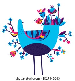 Template with spring folk bird and flowers for typography poster, card, label, brochure, flyer, page, banner design set. Vector illustration. Print in pink, purple, blue and yellow colors. 