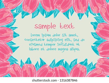 Template for spring Invitation card. Vector background  of  tulips with many leaves at color  engraving style.