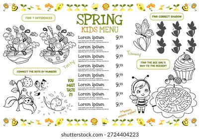 Menú infantil de primavera de Plantilla para restaurantes y cafeterías. Hoja de actividades con página para colorear, conectar puntos y encontrar diferencias para los niños. Archivo de Vector imprimible de 17x11 pulgadas	