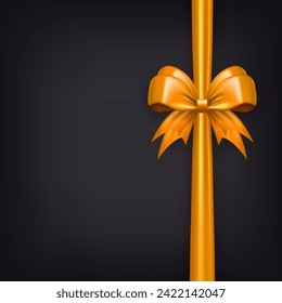 Template of square banner with golden bow with vertical ribbon as frame and copy space for text on black background. Greeting card or gift box with realistic 3d tied bow and empty place