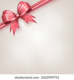 Plantilla de banner cuadrado con cinta de arco rosa suave en la esquina como marco y espacio de copia para texto en fondo blanco. Tarjeta de saludo o caja de regalo con arco atado 3d realista y lugar vacío