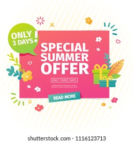 Template square banner for summer offer. Layout poster for summer discount with floral decoration, leaf, blossom flower and flat gift box. Season sale design. Vector.