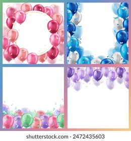 Plantilla de Anuncios cuadrados con globos 3d pastel coloridos realistas con marco de cintas de confeti y espacio para texto de saludo o invitación. Tarjetas de felicitación para la celebración, la venta, la apertura, el día de fiesta