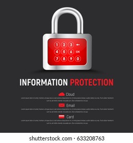 Template of a square black web banner with a padlock and a digital display for PIN code input. Design for protecting the cloud, e-mail and bank cards