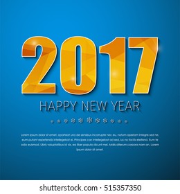 Template square blue banner with snowflakes and text. Design background with gold abstract polygonal figures 2017. Happy New Year. Vector illustration.
