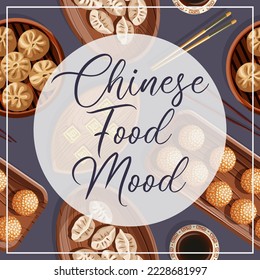 Template square card design. Vector illustration of Chinese food Dim Sum Baozi, dumplings, potato sesamed balls,white circle and lettering isolated on blue. Poster, promotion, greeting card concept.