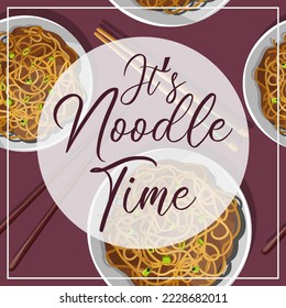 Template square card design. Vector illustration of Chinese food noodles and chopsticks, white circle and lettering isolated on purple. Poster, promotion, greeting card concept.