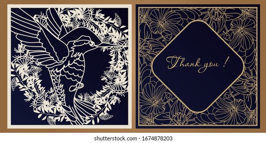 Plantilla de una tarjeta cuadrada para corte por láser. Trazado de papel de apertura para el diseño de bodas, fiestas, invitaciones, saludos. Dibujo de esquema para la decoración interior.