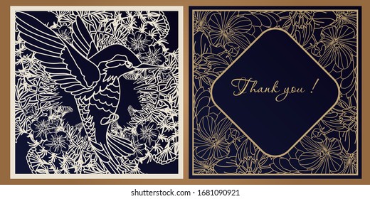 Plantilla de una tarjeta cuadrada para corte por láser. Trazado de papel de apertura para el diseño de bodas, fiestas, invitaciones, saludos. Dibujo de esquema para la decoración interior.