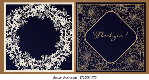 Template of a square card for laser cutting. Openwork paper cutting for design of weddings, parties, invitations, greetings. Outline drawing for interior decoration.