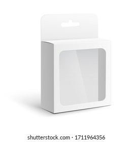 Template Of Square Carton White Paper Box Or Container With Tab And Transparent Window - Front View, Realistic Vector Illustration Isolated On White Background.