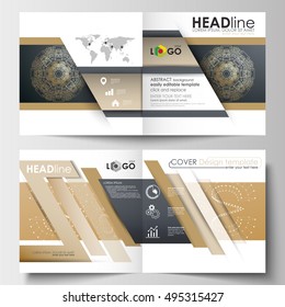 Template for square design brochure, magazine, flyer. Leaflet cover, flat layout, easy editable blank. Golden technology background, connection structure with connecting dots and lines, science vector