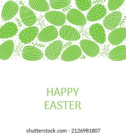 Template of square Easter greeting card. Green decorated Easter eggs and branches in flat style. 