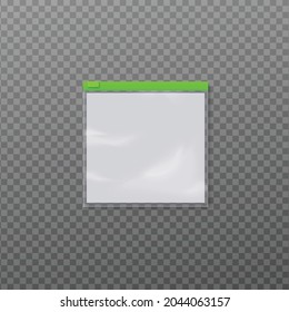 Template of square empty transparent plastic zipper bag with an attached blank paper sheet, realistic vector illustration isolated on transparent background.