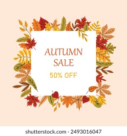 Template of square fall banner decorated with fallen tree leaves. Autumn Sale. Cute frame made of dry leaves. Decorative natural flat vector illustration for seasonal sale, advertising.