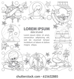 A template with a square frame and a place for text with outline illustrations on the theme of the sea and tourism.
