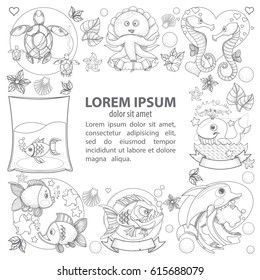 A template with a square frame and a place for text with outline illustrations on the theme of the sea and tourism.