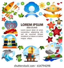 Template with a square frame and space for text with illustrations on the theme of the sea and tourism.