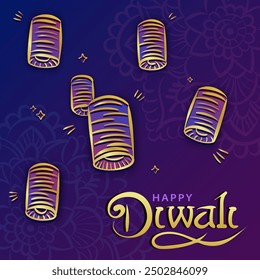 Template of square greeting card for Indian Festival of Lights with golden paper lanterns (kandeels) on purple background with Mandala or Rangoli pattern, and text - Happy Diwali (Deepavali, Dipavali)