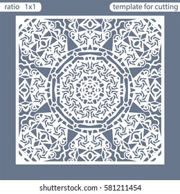 Template square greeting cards laser cut. Suitable for wedding invitations. Template greeting card for cutting plotter. Openwork lattice cut by laser cutting. Vector illustrations.