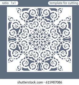 Template square greeting cards laser cut. Suitable for wedding invitations. Template greeting card for cutting plotter. Abstract round pattern. Vector illustrations. 