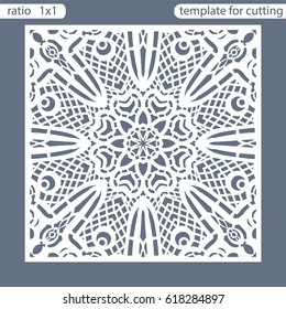 Template square greeting cards laser cut. Suitable for wedding invitations. Template greeting card for cutting plotter. Abstract round pattern. Vector illustrations. 