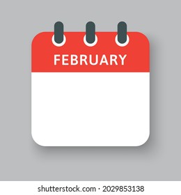 Template square icon page calendar, month of the year - February. Simple vector object illustration. Date list of month, to-do list. Calendar on the wall. Pictogram of schedule and planning