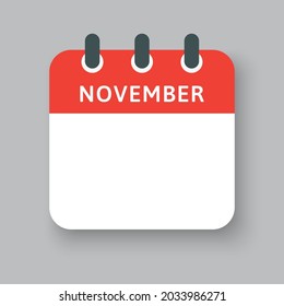 Template square icon page calendar, month of the year - November. Simple vector object illustration. Date list of month, to-do list. Calendar on the wall. Pictogram of schedule and planning