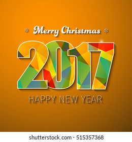 Template square orange web banner (background) with multi-colored abstract polygonal digits 2017. Merry Christmas and a Happy New Year. Vector illustration.