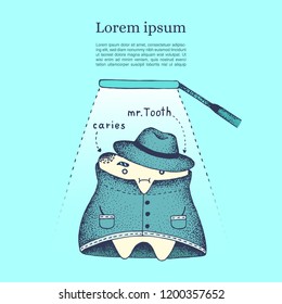 Template of square poster with sad mr. Tooth personage. Concept of dental check up. Idea of leaflet of flier for pediatric dental clinic.