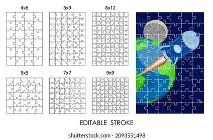 template of square puzzle pieces of different difficulty levels for overlaying image. Editable stroke weight. Children educational games. Black and white vector