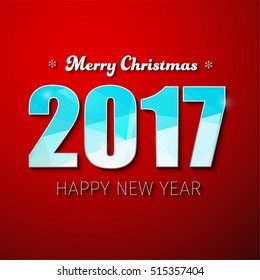 Template square red banner with snowflakes and the text Merry Christmas and a Happy New Year. Design background with white and blue abstract polygonal numbers 2017. Vector illustration.
