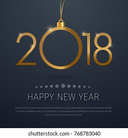 Template of a square vector banner Happy New Year 2018. Design with a black background and gold text and a Christmas ball toy.