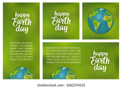 Template square, vertical, horizontal poster. Happy Earth Day calligraphic handwriting lettering with ray. Vector color vintage engraving illustration isolated on a green mesh gradient background