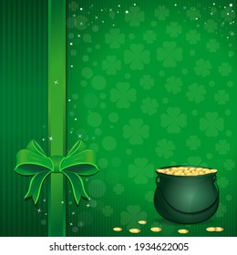 Template for St. Patricks Day card. Pot of leprechaun gold on green festive background. Vector illustration