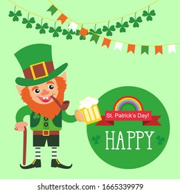 template for St. Patrick's Day greeting card. Leprechaun with a beer.