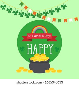 Template for St. Patrick's Day greeting card. 
 Saint patrick day pot full gold coins rainbow treasure.