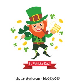 Plantilla para la tarjeta de felicitación del Día de San Patricio. Leprechaun con una cerveza aislada en el fondo blanco.