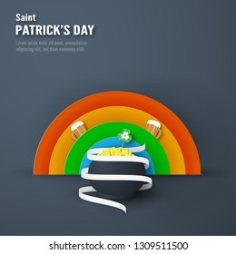 Template for St. Patrick's Day on Sunday, March 17. Vector illustration in 3D paper cut and craft style.